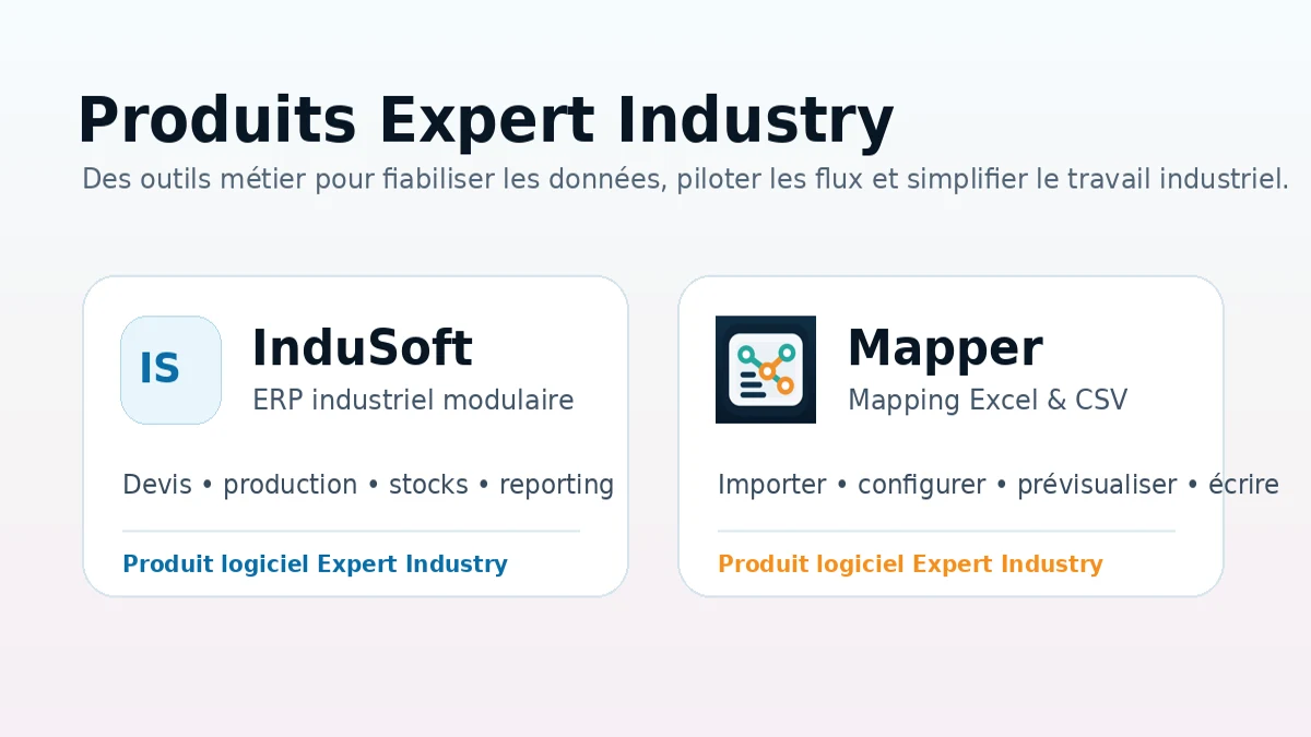 Produits logiciels Expert Industry pour ERP industriel, mapping Excel CSV et outils numériques métier