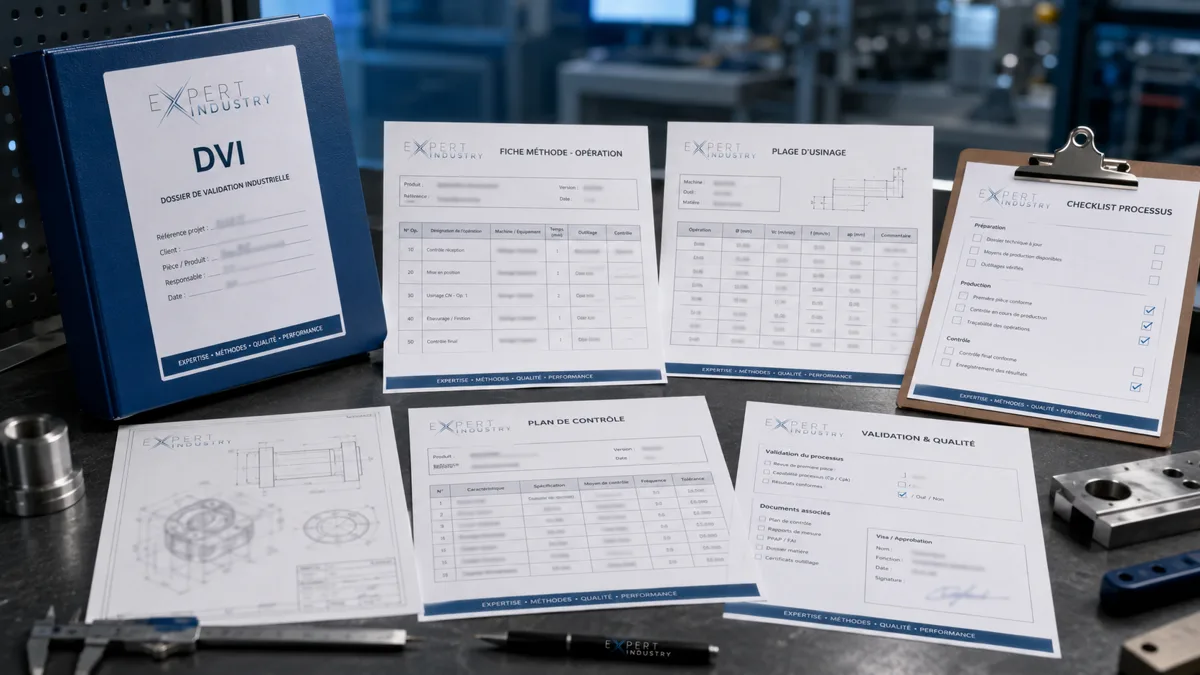 Dossier de validation industrielle avec documents méthodes, gamme d’usinage, plan de contrôle et checklist qualité
