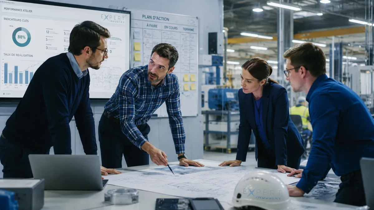 Réunion de pilotage industriel en atelier avec plans techniques, indicateurs et plan d’action