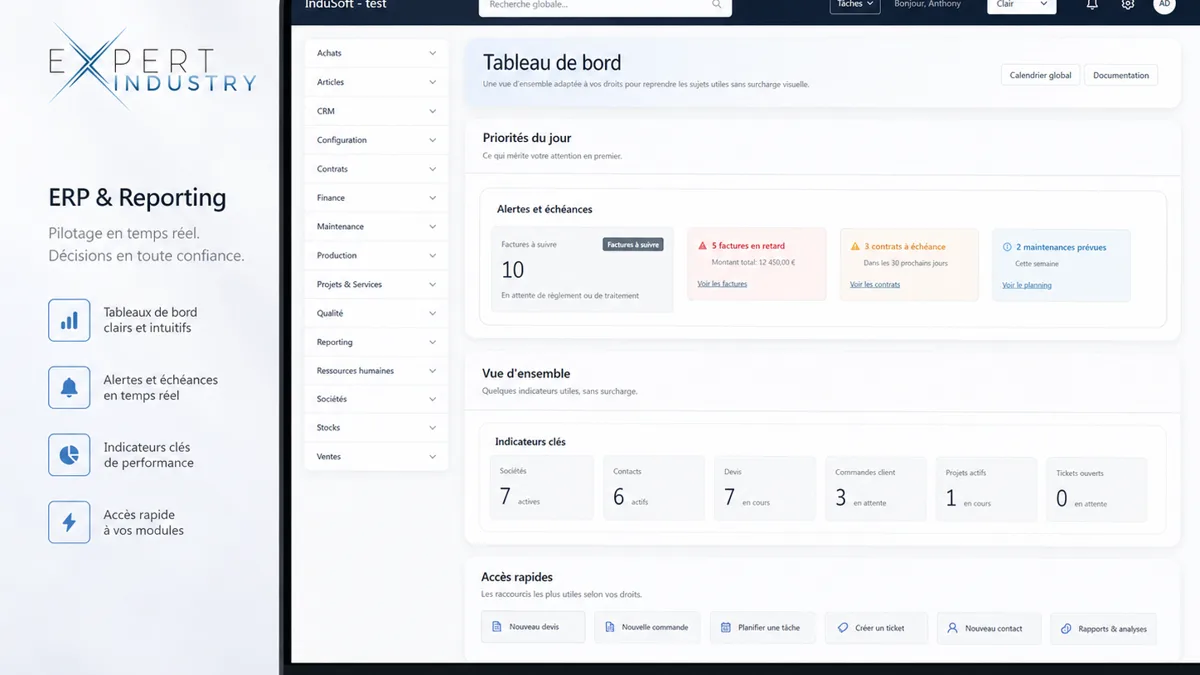Interface ERP InduSoft avec alertes, indicateurs clés, modules et reporting industriel